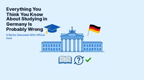 Illustration of the Brandenburg Gate with a graduation cap and German flag, representing common myths about studying in Germany for international students