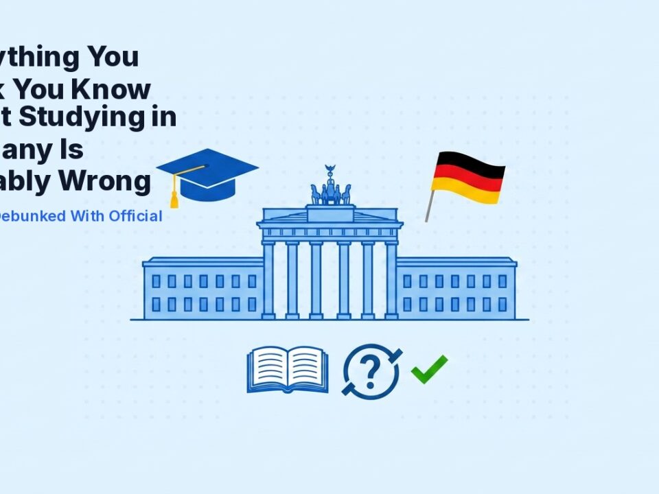 Illustration of the Brandenburg Gate with a graduation cap and German flag, representing common myths about studying in Germany for international students
