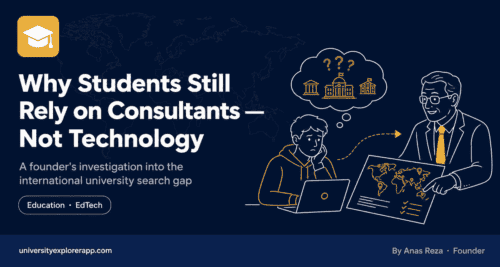 International student looking uncertain at a laptop while a consultant points at a university map — University Explorer app concept illustration