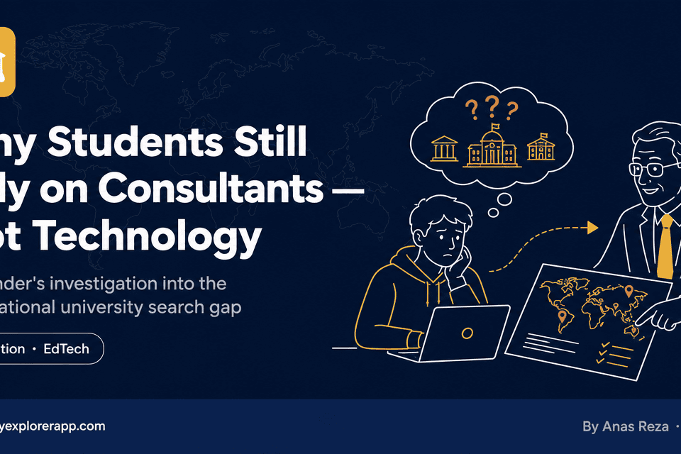 International student looking uncertain at a laptop while a consultant points at a university map — University Explorer app concept illustration