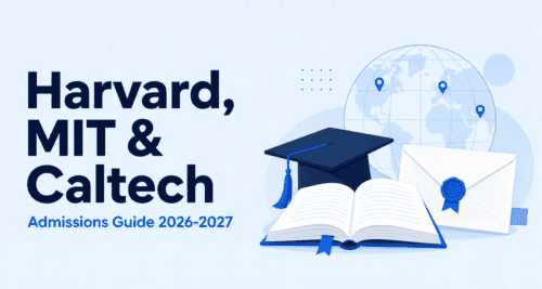 Illustration of a graduation cap, open book, sealed acceptance envelope, and world map with location pins, next to the headline "Harvard, MIT & Caltech Admissions Guide 2026–2027"