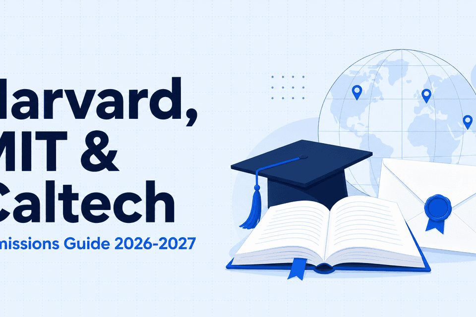 Illustration of a graduation cap, open book, sealed acceptance envelope, and world map with location pins, next to the headline "Harvard, MIT & Caltech Admissions Guide 2026–2027"